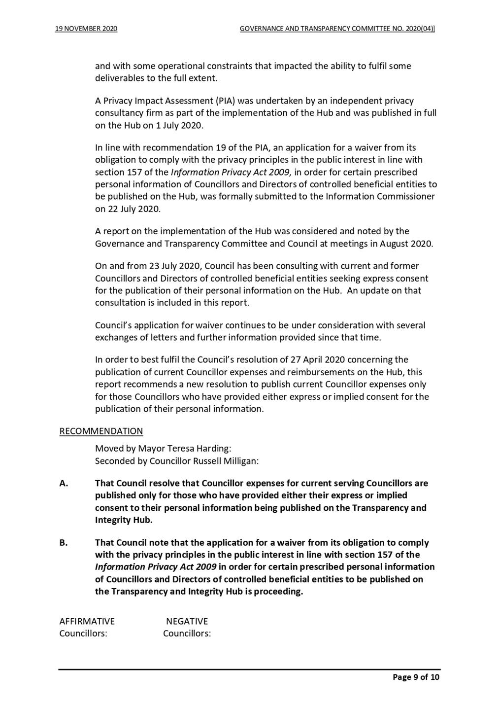 Agenda of Governance and Transparency Committee - 3 December 2020